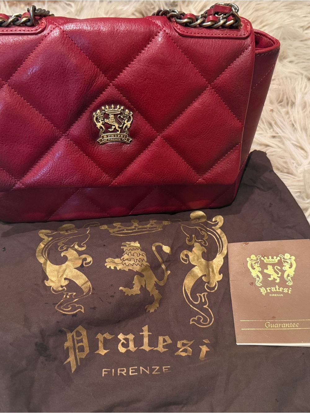 Pratesi Firenze Quilted Burgundy Leather Shoulder Bag with Gold Crest